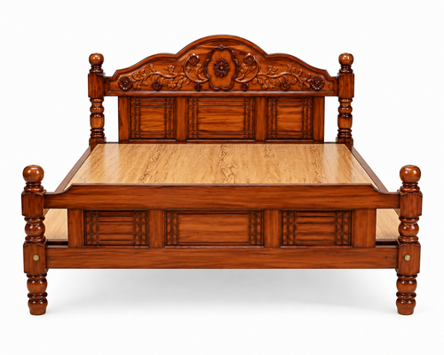 Traditional Solid Wood Double Bed with Decorative Carved Headboard