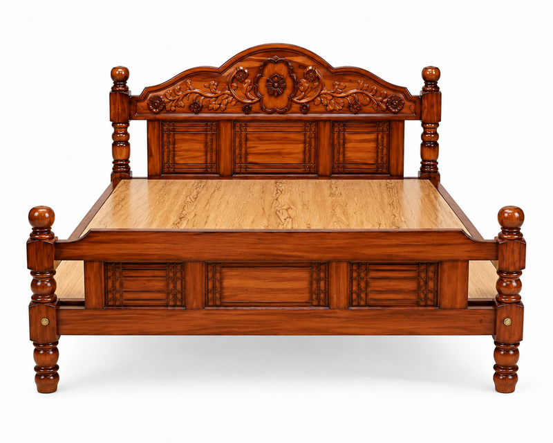 Traditional Solid Wood Double Bed with Decorative Carved Headboard