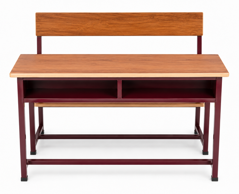Powder-Coated Steel Two-Seater Classroom Study Desk with Attached Bench