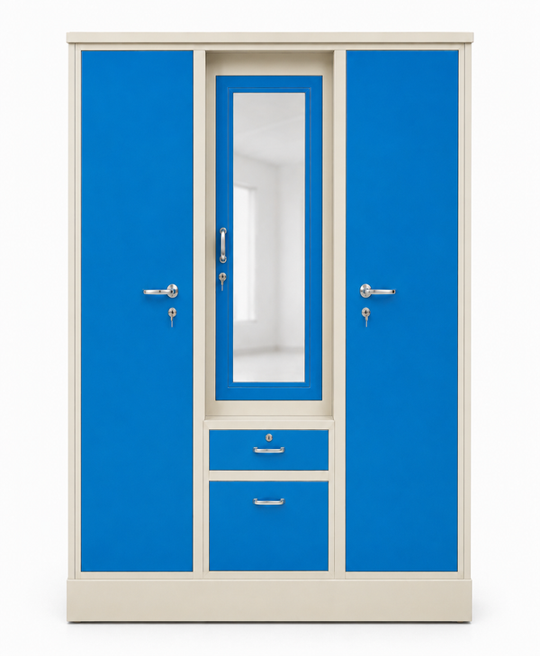 Three Door Steel Wardrobe with Dressing Mirror and Storage Drawers