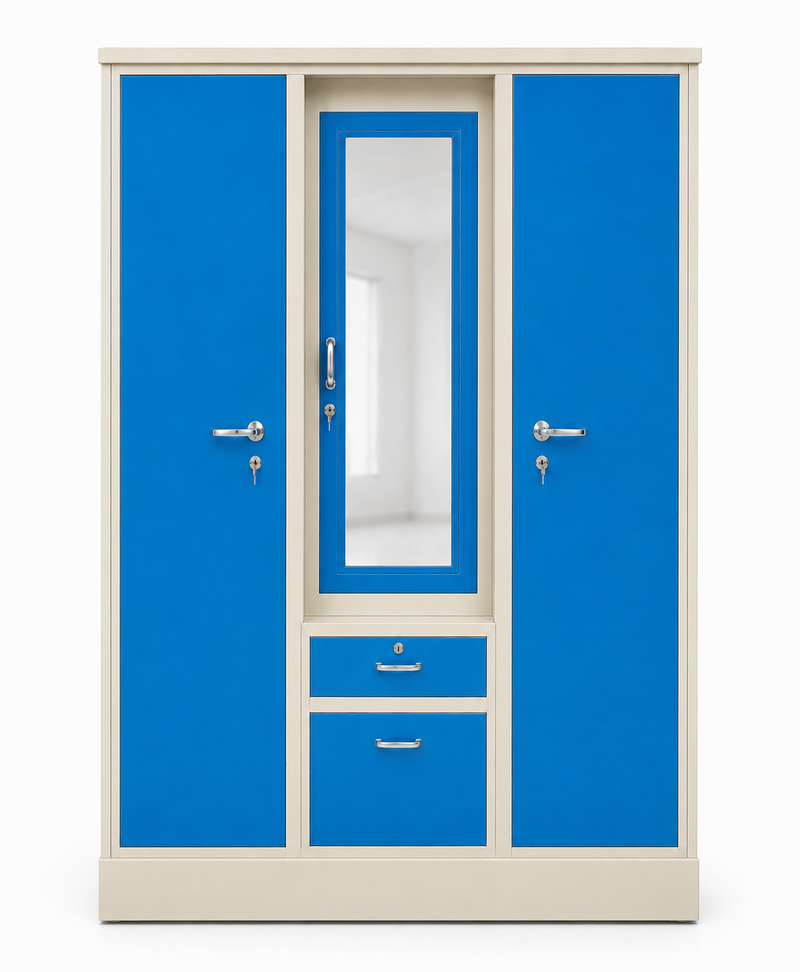 Three Door Steel Wardrobe with Dressing Mirror and Storage Drawers