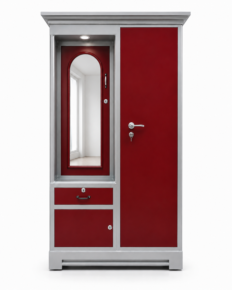 Single Door Steel Wardrobe with Dressing Mirror, Drawer & Storage Cabinet